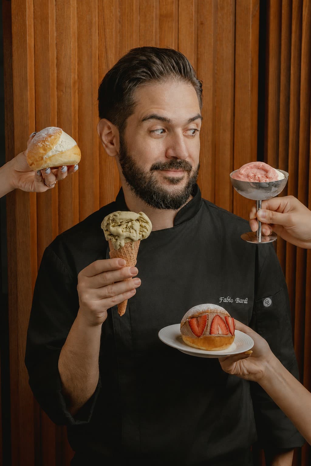 Fabio Bardi surrounded by his signature creations